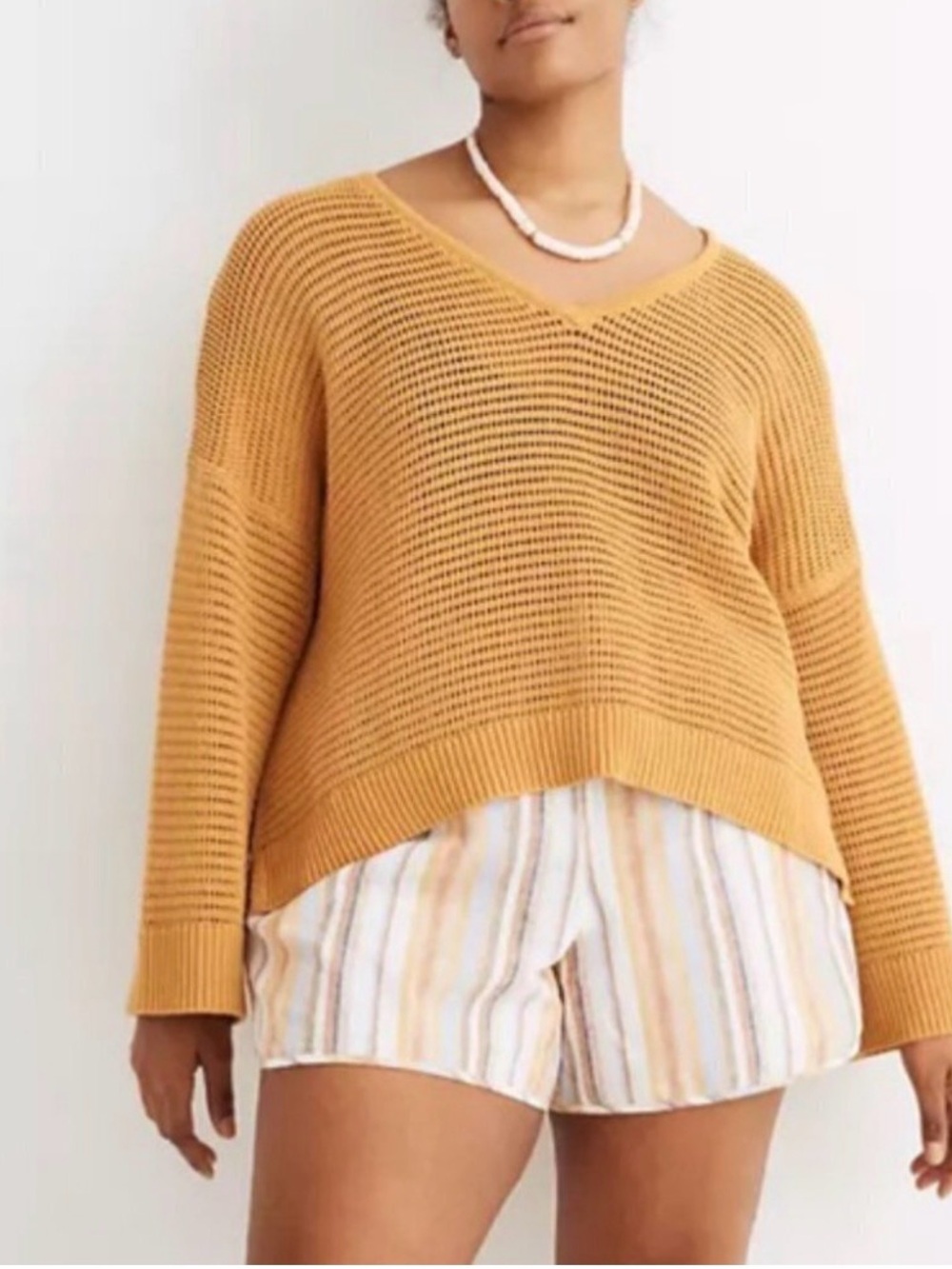 Madewell Seville V-Neck Sweater XS Golden Plume Mustard Yellow Cotton Knit